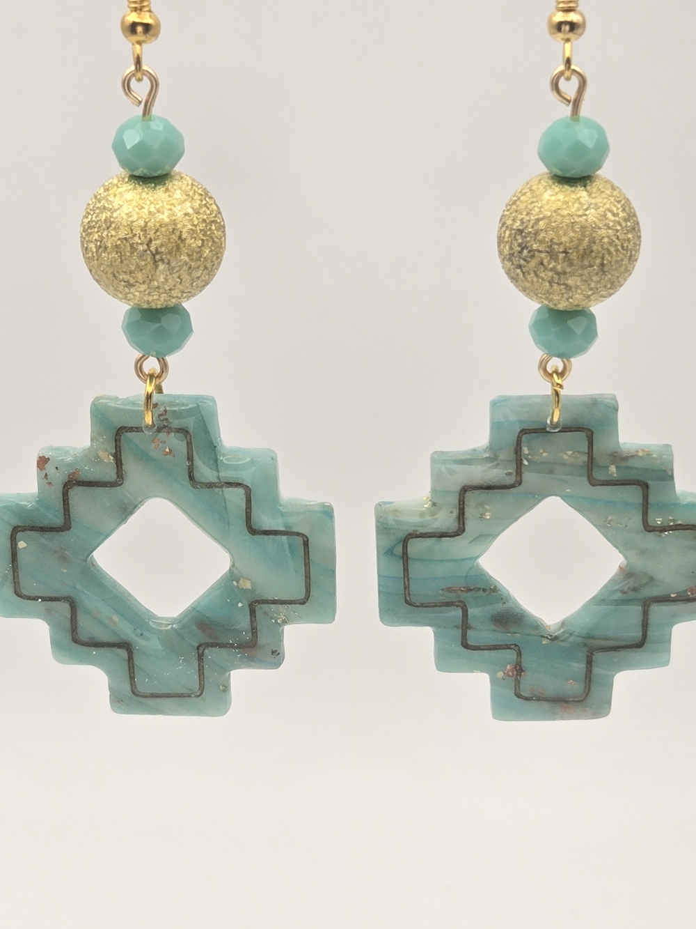 #B481- Gold and Turquoise Clay Drop Earrings - Women Jewelry - Picture 4 of 4